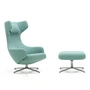 Vitra - Grand Repos Fauteuil et Ottoman, Dumet bleu tendre / émeraude (double piqûre) / aluminium poli (patins en feutre)