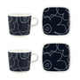 Marimekko - Oiva Piirto Unikko Gobelet avec anse & Assiette, blanc / bleu foncé (set de 4) (60th Anniversary Collection)