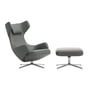 Vitra - Grand Repos Fauteuil et Ottoman, gris granit, cuir Premium F 65, aluminium poli (patins en feutre)