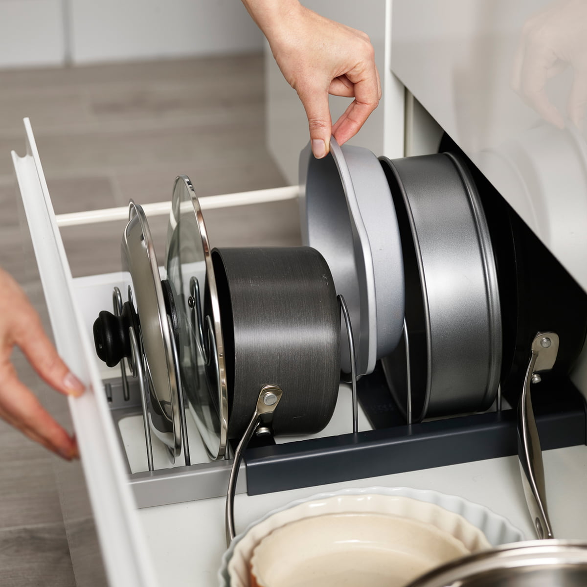 Support de casserole pour tiroir, support de couvercle de casserole  extensible avec 14