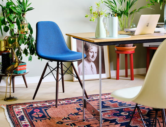 La chaise Eames Plastic Side DSW de Vitra dans la vue d'ambiance : La chaise filigrane attire tous les regards dans le salon grâce à la couleur bleue vive.