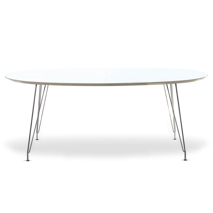 DK10 Table de salle à manger ovale de Andersen Furniture (plateau de table en stratifié, blanc, piétement en acier inoxydable chromé)