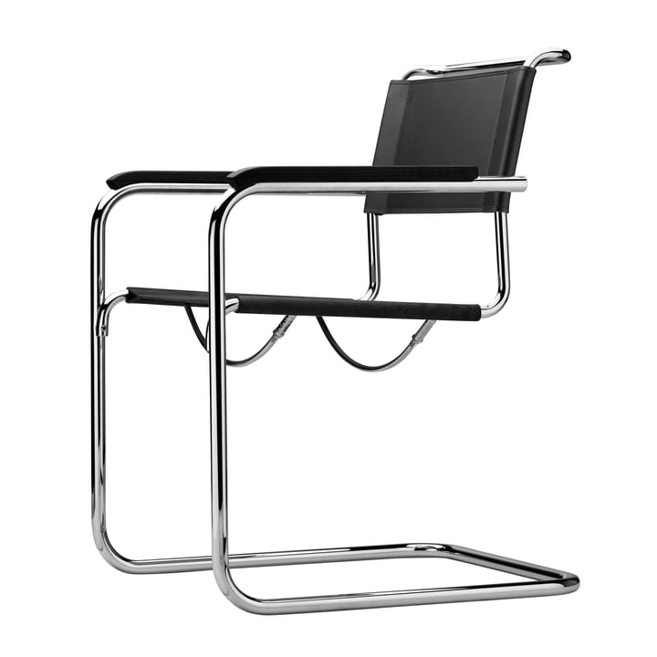 Thonet - fauteuil S 34, chrome / noir cuir / accoudoirs hêtre noir (TP 29)