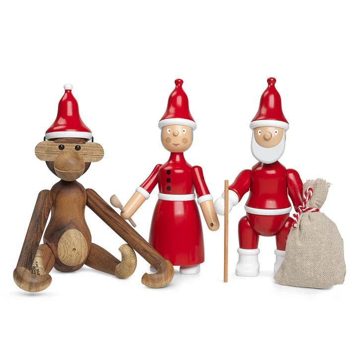 Singe en bois avec bonnet à pointe, mère Noël et père Noël de Kay Bojesen
