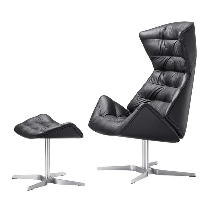 Fauteuil Lounge 808 et Tabouret 808 par Thonet, structure en acier inoxydable / cuir nappa (500 noir)