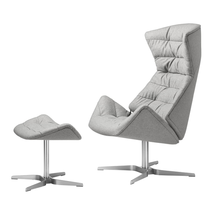 Fauteuil Lounge 808 et tabouret 808 par Thonet, structure en acier inoxydable / Tissu Bergen (905 gris)