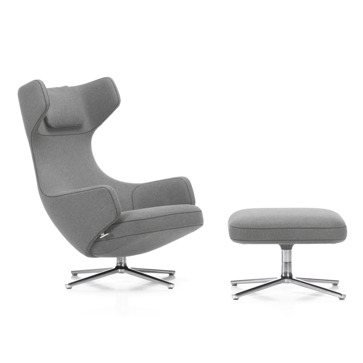 Grand Repos Fauteuil et Ottoman de Vitra en gris clair (01 galet) / aluminium poli (patins en feutre)