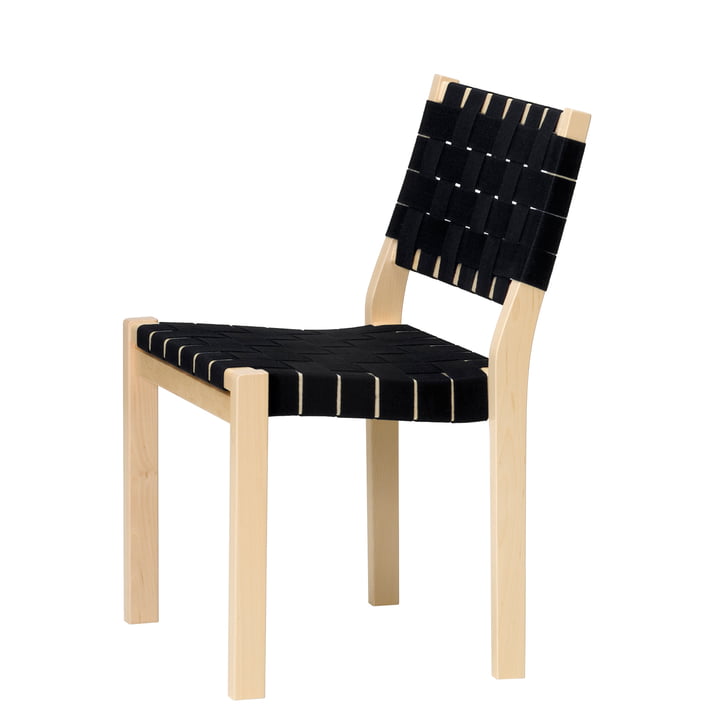 Chaise 611 by Artek en merisier verni clair / sangles en lin noir