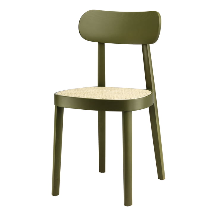 118 Chaise de Thonet , cannage avec tissu de soutien en plastique / hêtre teinté vert olive (RAL 6003)