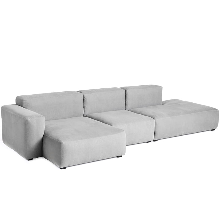Mags Soft Sofa 3 places combinaison 4 accoudoirs bas gauche de Hay en gris clair (Linara 443) / couture : ton sur ton
