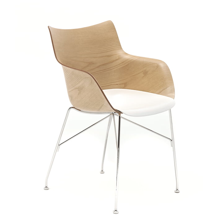 Q/Wood - Chaise avec accoudoirs de Kartell en chromé / blanc / frêne clair