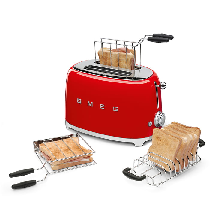 Grille-pain à 2 tranches TSF01 en rouge de Smeg avec accessoires