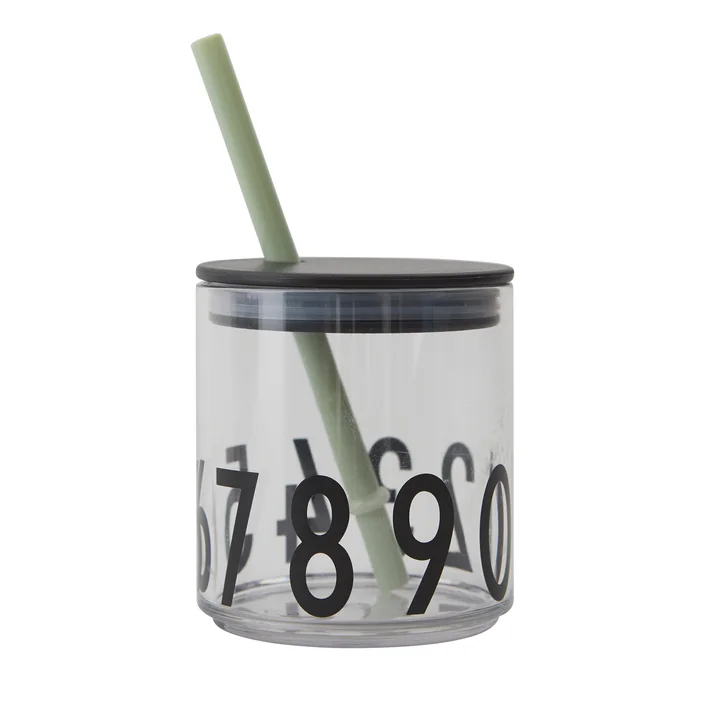 Paille et couvercle pour le verre personnel AJ Kids de Design Letters en noir / vert avec verre