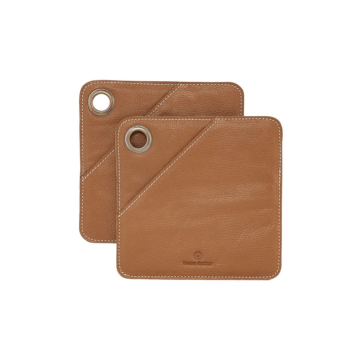 Porte-pot carré en cuir carré, cognac (lot de 2) par House Doctor