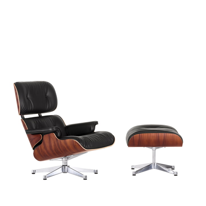 Vitra - Lounge Chair & Ottoman, poli, palissandre de Santos, cuir Premium nero