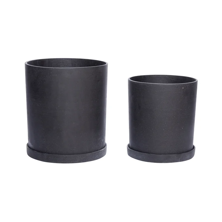 Pot à plantes avec soucoupe set de 2, noir, moyen par Hübsch Interior