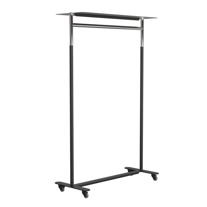 Le portemanteau Bukto avec roulettes et étagère de 100 cm de Frost , acier inoxydable poli / noir