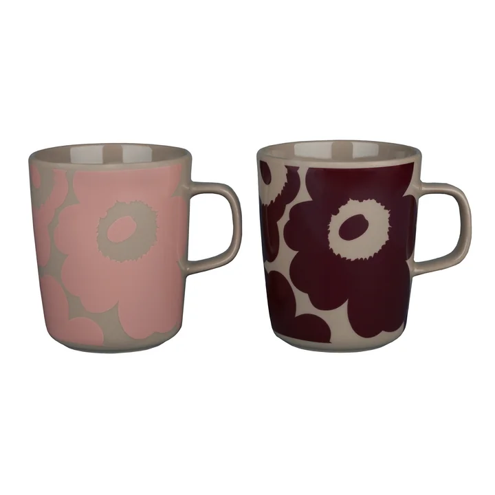 Oiva Unikko Gobelet avec anse (set de 2), 250 ml, terra / dark wine red / powder de Marimekko