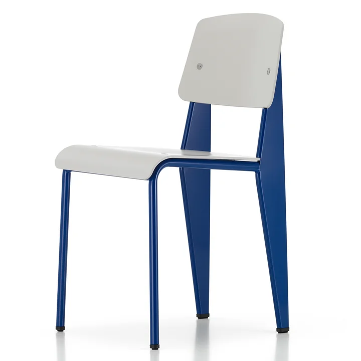 Prouvé Standard SP chair Bleu Marcoule de Vitra dans la version peinte par poudrage, patins en feutre marron
