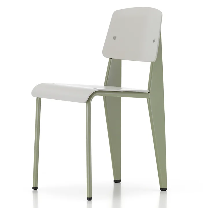 Prouvé Standard SP chair Gris Vermeer de Vitra dans la version peinte par poudrage, patins en feutre marron