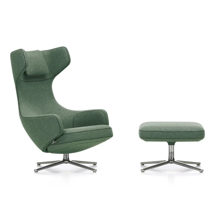 Grand Repos Fauteuil et Ottoman de Vitra dans la finition Cosy 2 vert jonc (couture point de croix) / aluminium poli