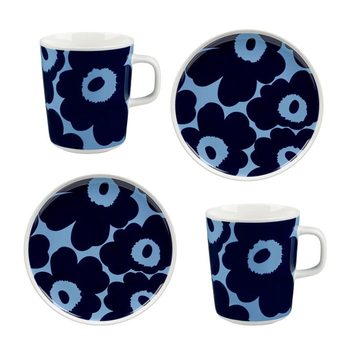 Oiva Unikko Gobelet avec anse & Assiette Set de 4 pièces de Marimekko dans la version blanc / bleu foncé / bleu clair