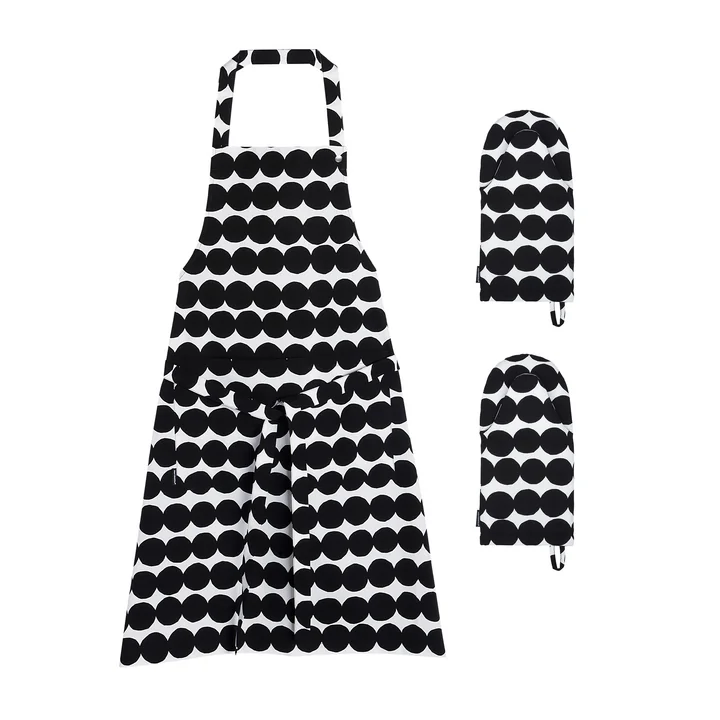 Marimekko - Räsymatto Tablier avec 2 x gants de four, blanc / noir (3pcs)