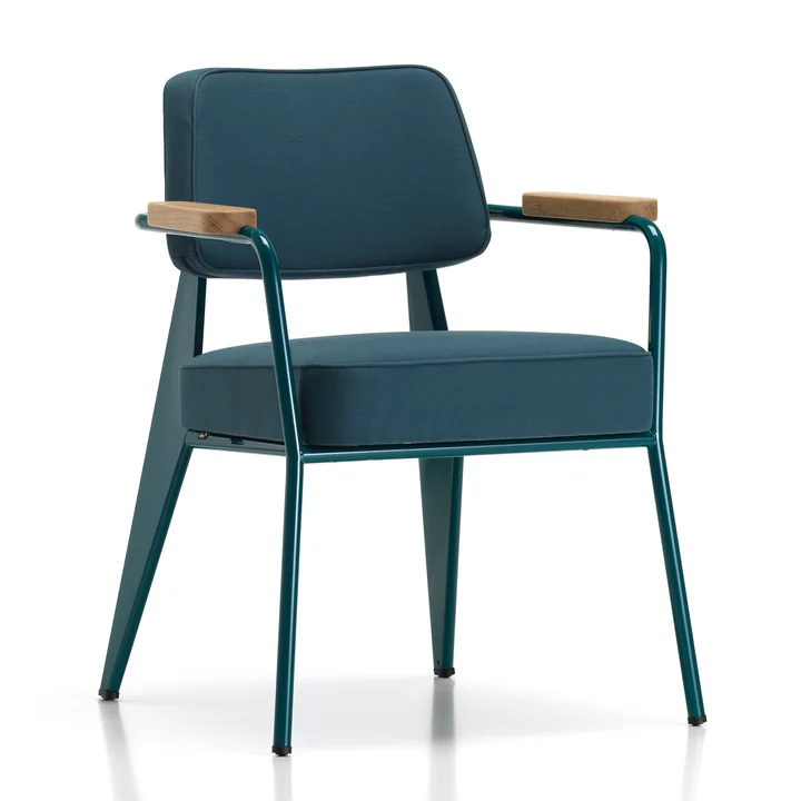 Vitra - Fauteuil Direction Chaise avec accoudoirs, chêne naturel / Prouvé Bleu Dynastie / Twill bleu-gris