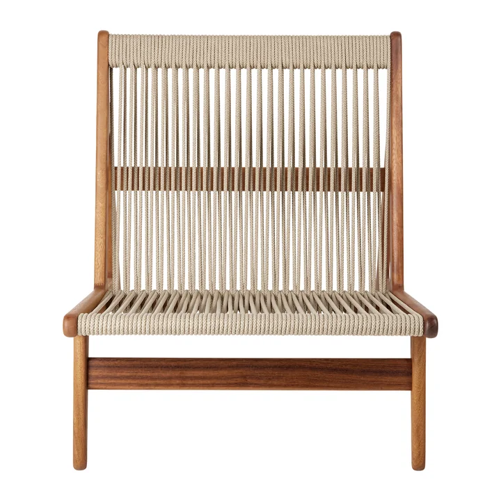 MR01 Chaise Lounge Outdoor de Gubi dans la version Iroko naturel / Sunfire Melange beige sable