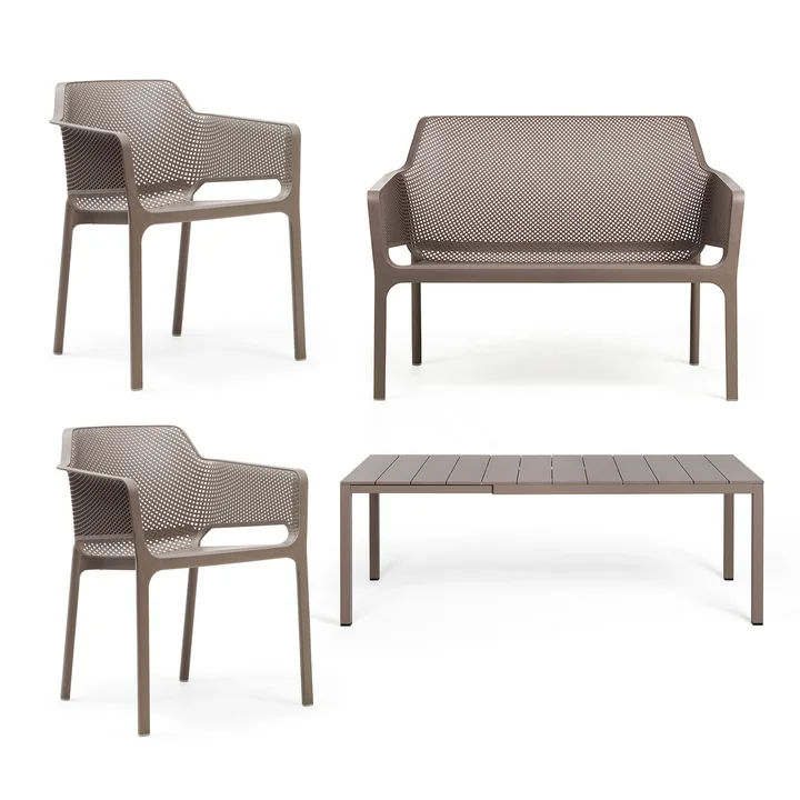Nardi - Rio Alu Table à rallonges 140 + Net Banc + 2x Net Chaise avec accoudoirs, tortora