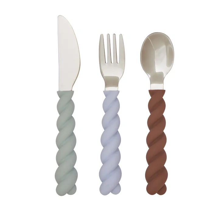 Mellow Couverts pour enfants, pale mint / choco / iceblue (set de 3) de OYOY