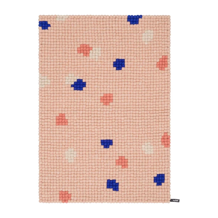 myfelt - Terra Rose Tapis de boules de feutre, 180 x 260 cm, rose / corail / blanc / bleu cobalt