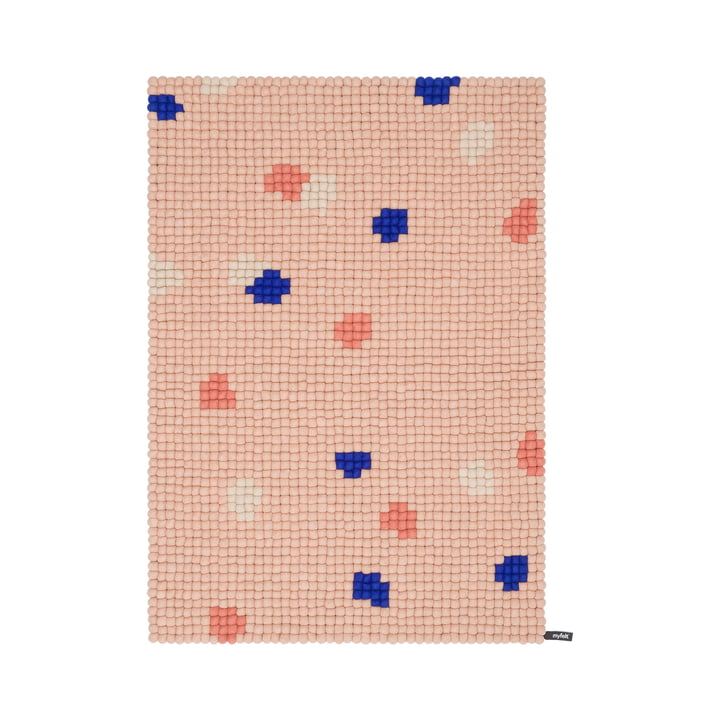 myfelt - Terra Rose Tapis de boules de feutre, 70 x 100 cm, rose / corail / blanc / bleu cobalt
