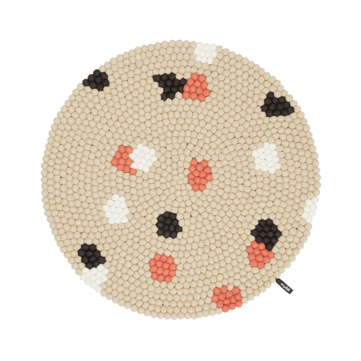 myfelt - Terra Sand Tapis de boules de feutre, Ø 90 cm, beige / blanc / corail / anthracite