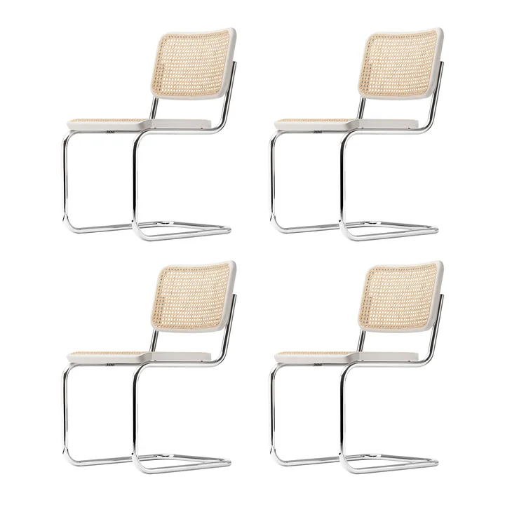 Thonet - S 32 V Chaise, chrome / hêtre lasuré blanc (TP 200) / cannage avec tissu de soutien (set de 4)