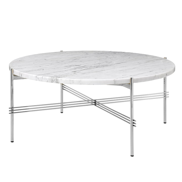 Gubi - TS Table basse Ø 80 cm, acier poli / marbre blanc