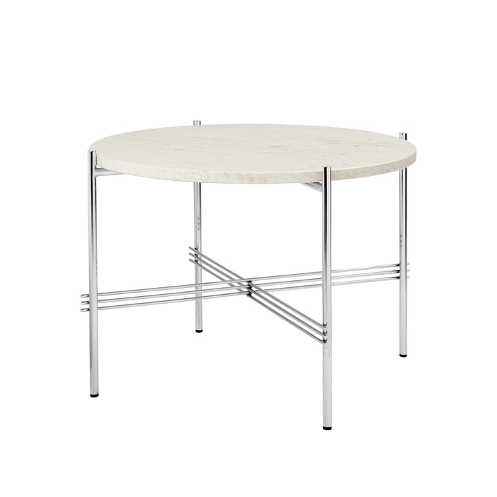 Gubi - TS Table basse Ø 55 cm, acier poli / travertin blanc