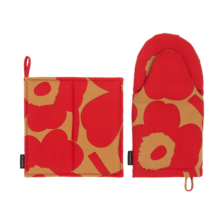 Pieni Unikko Gant de four & Maniques, beige / rouge (set de 2) de Marimekko