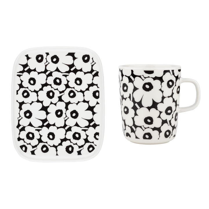 Oiva Pikkuinen Unikko plat de service & Tasse avec anse, 60th Anniversary, 15 x 12 cm & 250 ml, noir / blanc (60th Anniversary Collection) (set de 2) de Marimekko