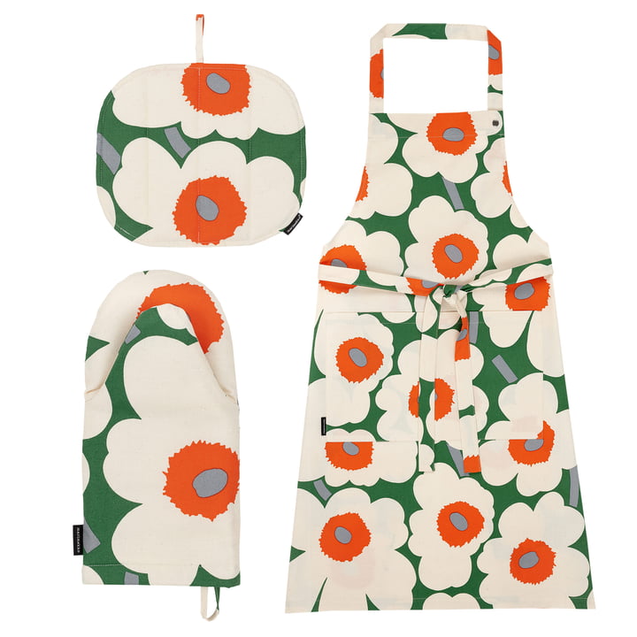 Pieni Unikko Tablier, manique & Gant de four, vert / coton / orange (set de 3) de Marimekko