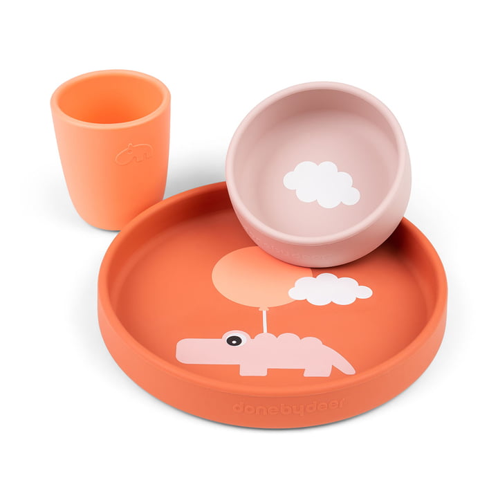 Done by Deer - Set de vaisselle en silicone, Happy Clouds, papaya (set de 3)