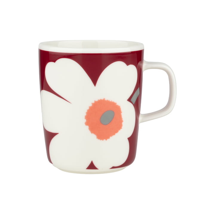 Marimekko - Oiva Unikko Gobelet avec anse, 250 ml, blanc / dark cherry / ash grey