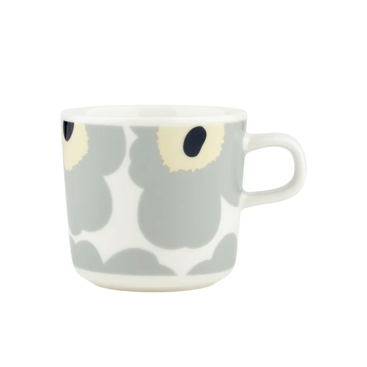Marimekko - Oiva Unikko Gobelet avec anse, 200 ml, blanc / gris clair / sable / bleu foncé