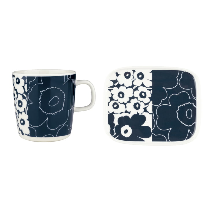 Oiva Unikko Kollaasi Gobelet avec anse & Assiette, 400 ml, blanc / bleu foncé de Marimekko