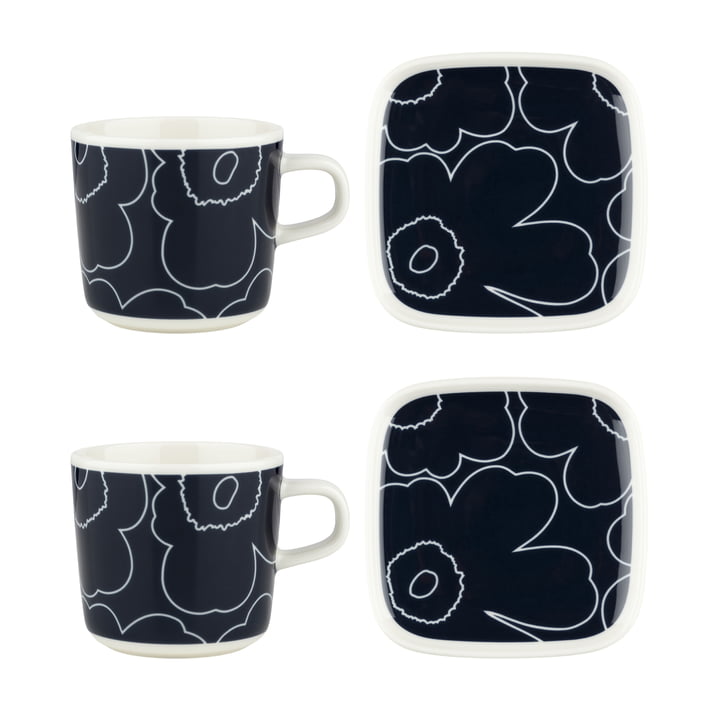 Oiva Piirto Unikko Gobelet avec anse & Assiette, blanc / bleu foncé (set de 4) de Marimekko