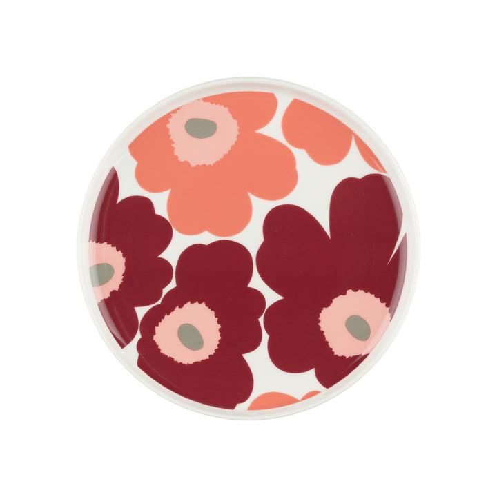 Marimekko - Oiva Unikko Assiette, Ø 20 cm, blanc / dark cherry / salmon red