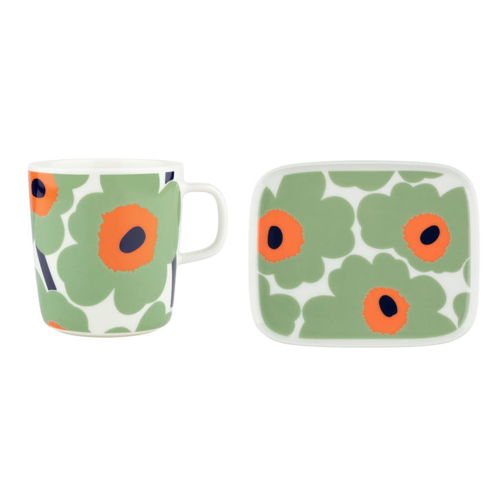 Oiva Unikko Gobelet avec anse & Assiette, 400 ml & 15 x 12 cm, blanc / sage / orange / bleu foncé (set de 2) de Marimekko