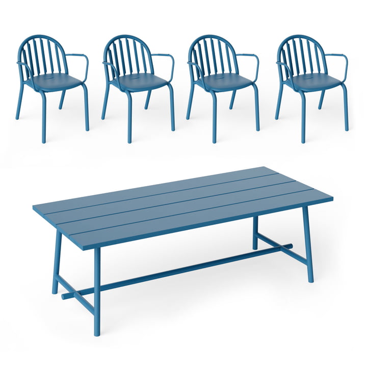 Fred's Outdoor table 220 x 100 cm + chaise avec accoudoirs (set de 4), wave blue (édition exclusive) de Fatboy