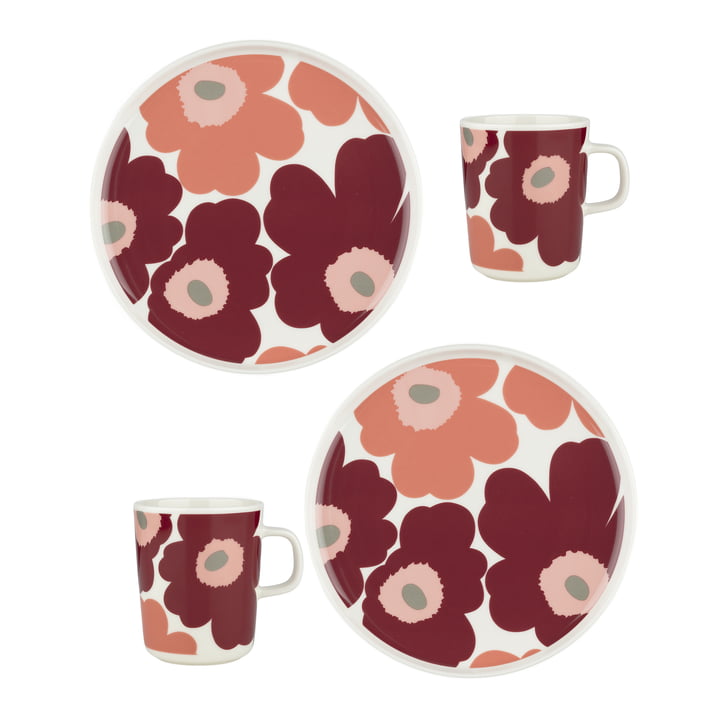 Marimekko - Oiva Unikko Gobelet avec anse & Assiette, blanc / dark cherry / salmon red (set de 4)