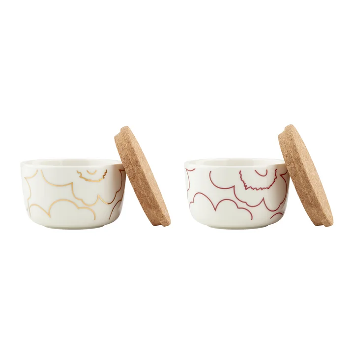 Oiva Piirto Unikko bol avec couvercle, 250 ml, blanc / or / rouge foncé (set de 2) de Marimekko